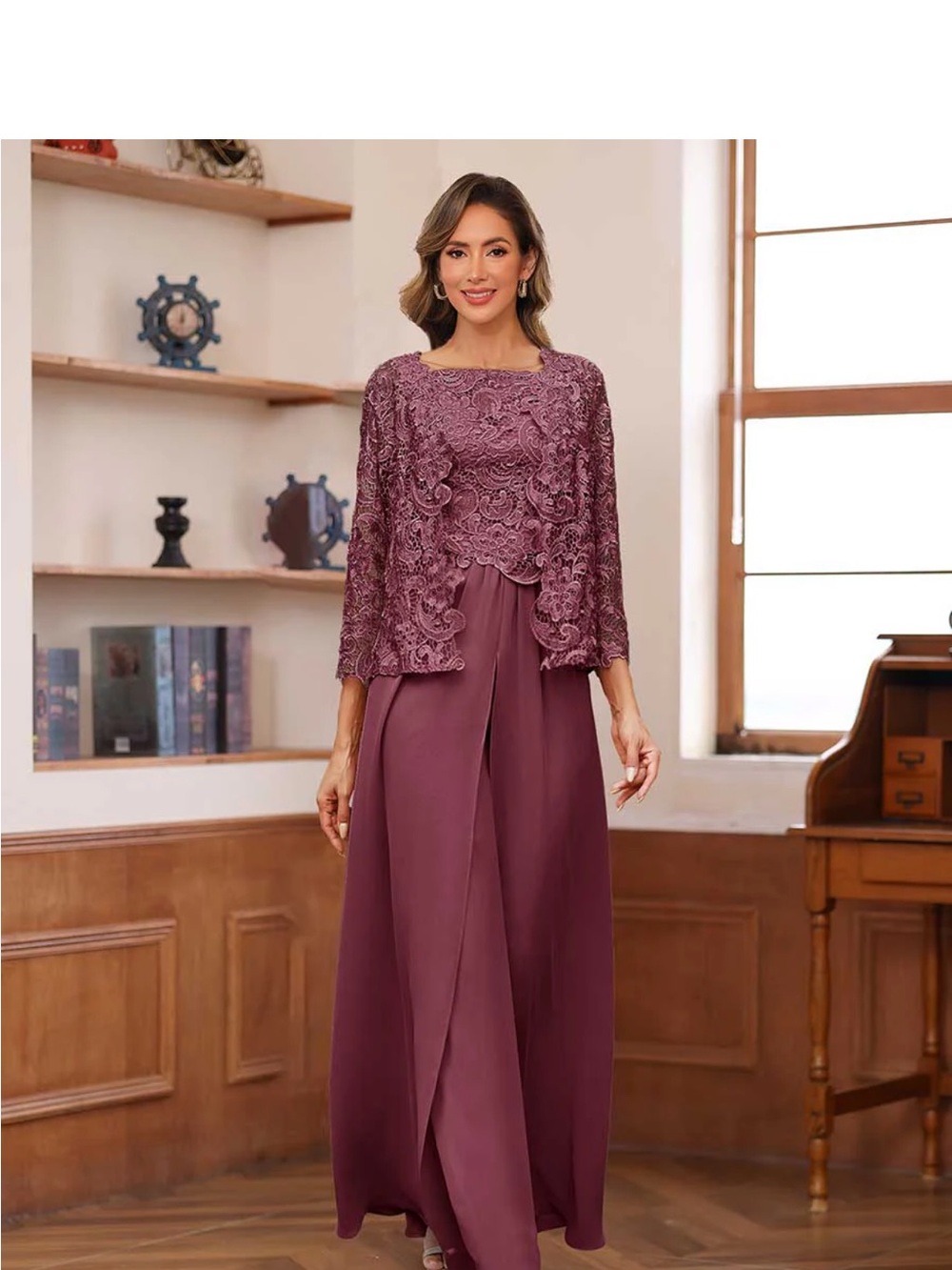 Elegant Lace Overlay pantsuit in mulberry color. Brand new with tags. 
Size 6.